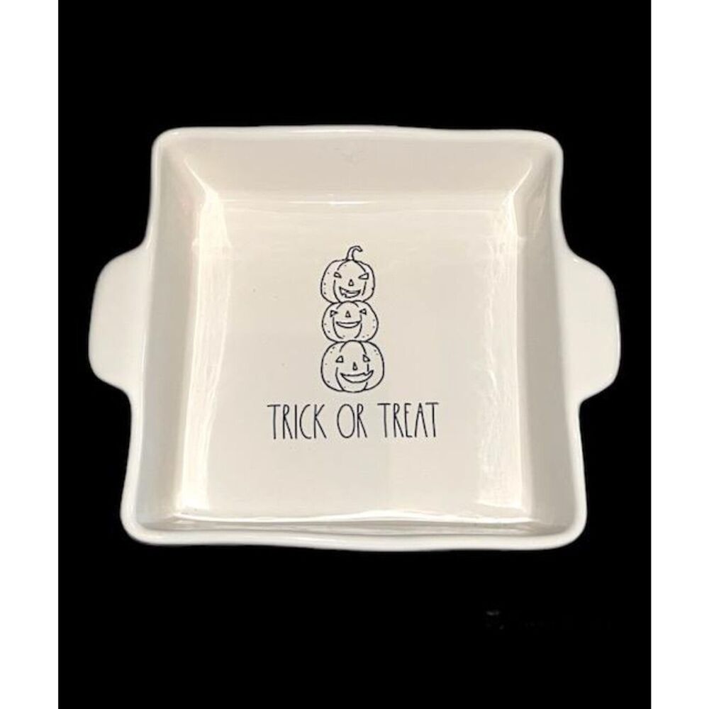 Rae Dunn Halloween LL TRICK OR TREAT Jack O Lantern Square Baker Hard to Find